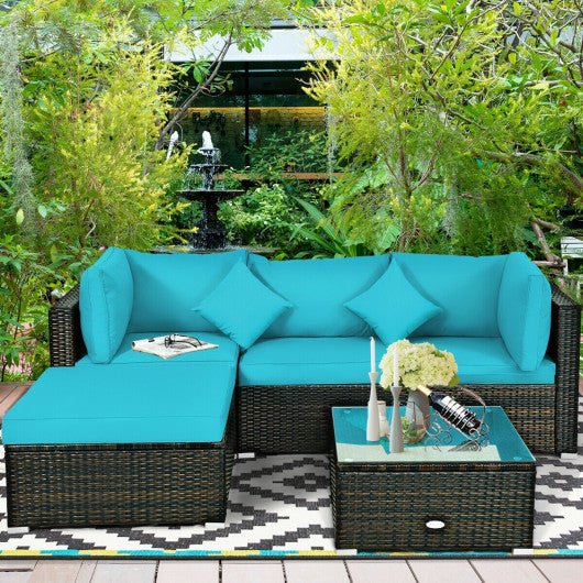  - 5 Pcs Outdoor Patio Rattan Furniture Set Sectional Conversation with Navy Cushions - Outdoor Style Company