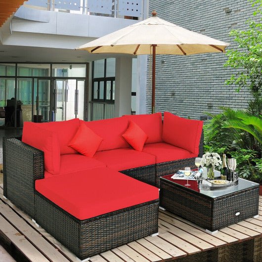  - 5 Pcs Outdoor Patio Rattan Furniture Set Sectional Conversation with Navy Cushions - Outdoor Style Company