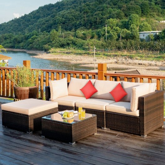  - 5 Pcs Outdoor Patio Rattan Furniture Set Sectional Conversation with Navy Cushions - Outdoor Style Company