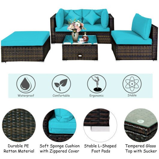  - 5 Pcs Outdoor Patio Rattan Furniture Set Sectional Conversation with Navy Cushions - Outdoor Style Company