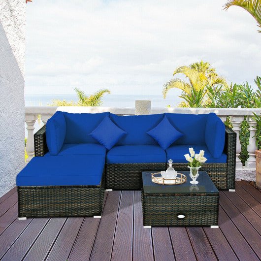  - 5 Pcs Outdoor Patio Rattan Furniture Set Sectional Conversation with Navy Cushions - Outdoor Style Company