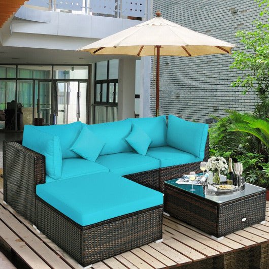  - 5 Pcs Outdoor Patio Rattan Furniture Set Sectional Conversation with Navy Cushions - Outdoor Style Company