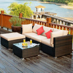  - 5 Pcs Outdoor Patio Rattan Furniture Set Sectional Conversation with Navy Cushions - Outdoor Style Company