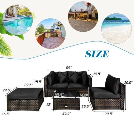  - 5 Pcs Outdoor Patio Rattan Furniture Set Sectional Conversation with Navy Cushions - Outdoor Style Company