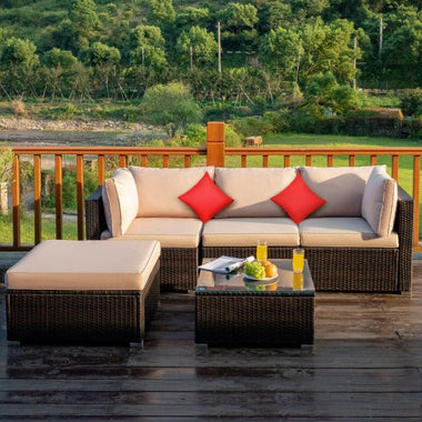  - 5 Pcs Outdoor Patio Rattan Furniture Set Sectional Conversation with Navy Cushions - Outdoor Style Company