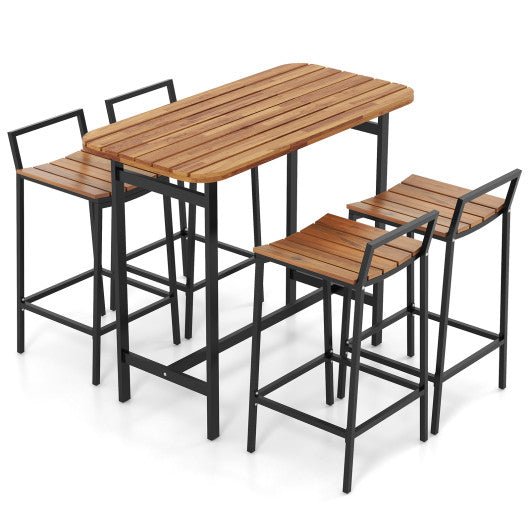  - 5 Piece Acacia Wood Bar Table Set Bar Height Table and Chairs with Metal Frame and Footrest - Outdoor Style Company