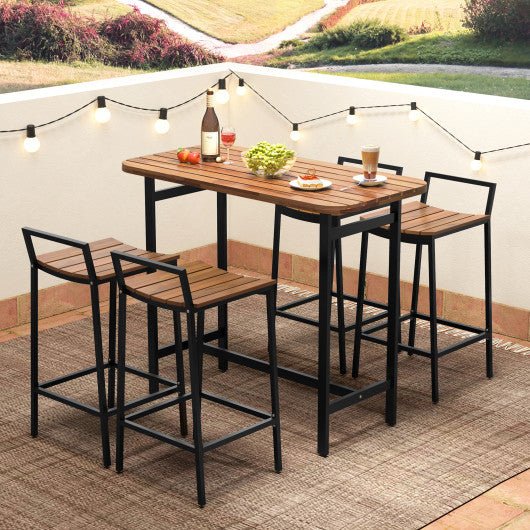  - 5 Piece Acacia Wood Bar Table Set Bar Height Table and Chairs with Metal Frame and Footrest - Outdoor Style Company