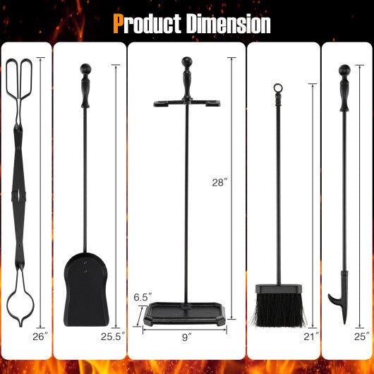  - 5 - Piece Fireplace Tool Set with Tong Brush Shovel Poker Stand - Outdoor Style Company