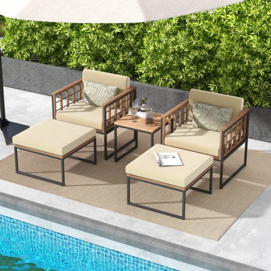  - 5 Piece Outdoor Furniture Set Acacia Wood Chair Set with Ottomans and Coffee Table - Outdoor Style Company