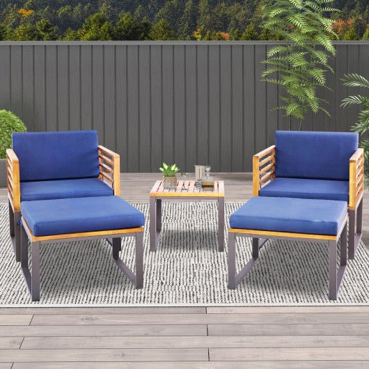  - 5 Piece Patio Acacia Wood Chair Set with Ottomans and Coffee Table - Outdoor Style Company