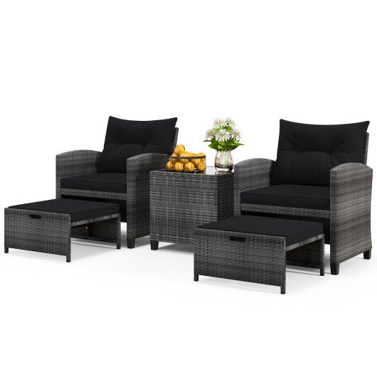  - 5 Piece Patio Rattan Furniture with 2 Ottomans and Tempered Glass Coffee Table - Outdoor Style Company