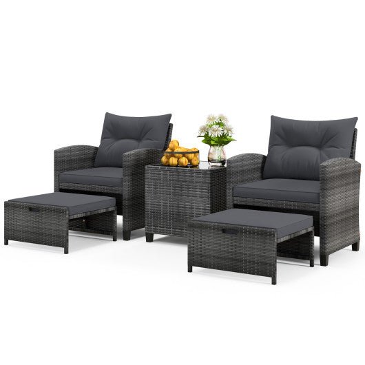  - 5 Piece Patio Rattan Furniture with 2 Ottomans and Tempered Glass Coffee Table - Outdoor Style Company