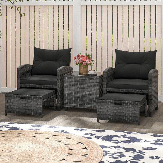  - 5 Piece Patio Rattan Furniture with 2 Ottomans and Tempered Glass Coffee Table - Outdoor Style Company