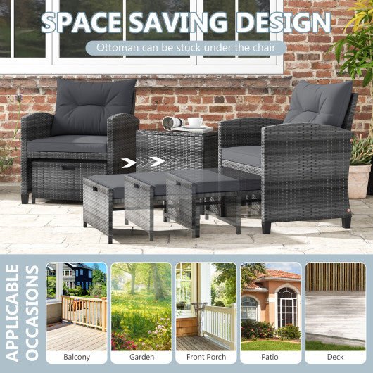  - 5 Piece Patio Rattan Furniture with 2 Ottomans and Tempered Glass Coffee Table - Outdoor Style Company