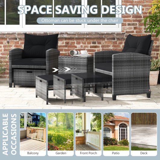  - 5 Piece Patio Rattan Furniture with 2 Ottomans and Tempered Glass Coffee Table - Outdoor Style Company