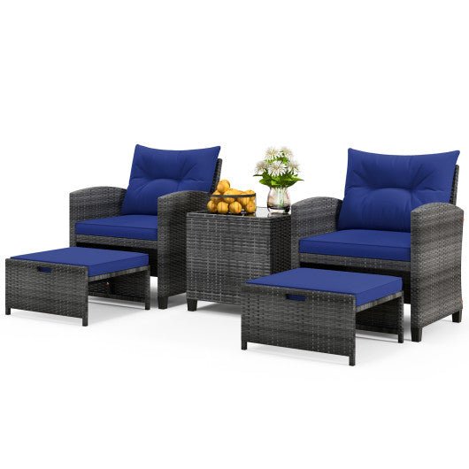  - 5 Piece Patio Rattan Furniture with 2 Ottomans and Tempered Glass Coffee Table - Outdoor Style Company