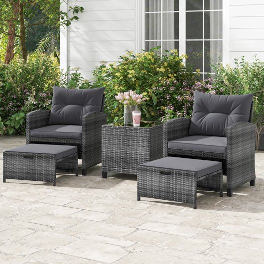  - 5 Piece Patio Rattan Furniture with 2 Ottomans and Tempered Glass Coffee Table - Outdoor Style Company