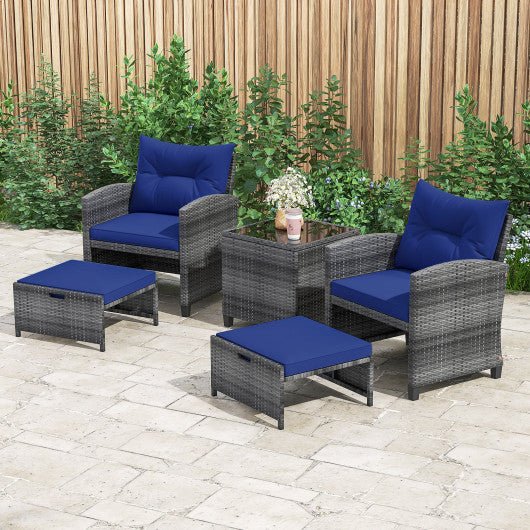  - 5 Piece Patio Rattan Furniture with 2 Ottomans and Tempered Glass Coffee Table - Outdoor Style Company