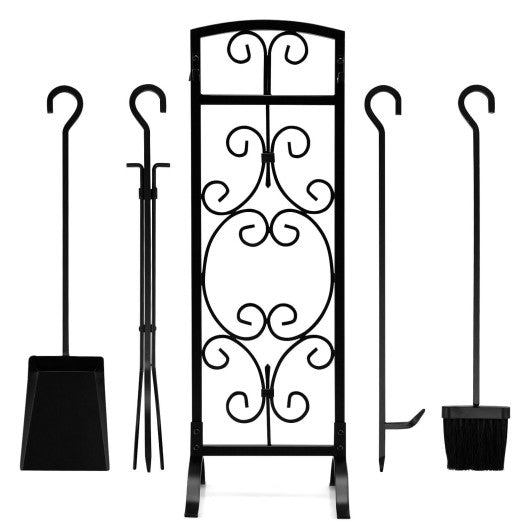  - 5 Piece Wrought Iron Fireplace Tools with Decor Holder - Outdoor Style Company