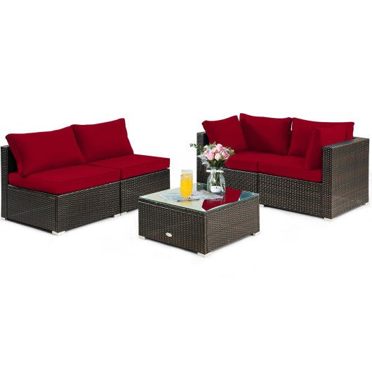  - 5 Pieces Cushioned Patio Rattan Furniture Set with Glass Table - Outdoor Style Company