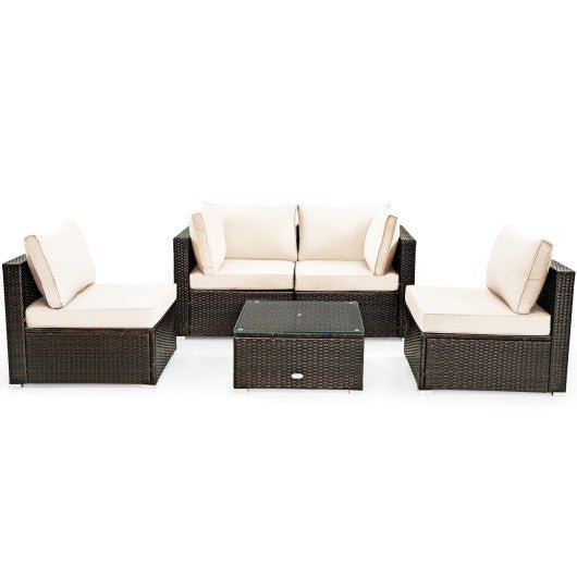  - 5 Pieces Cushioned Patio Rattan Furniture Set with Glass Table - Outdoor Style Company