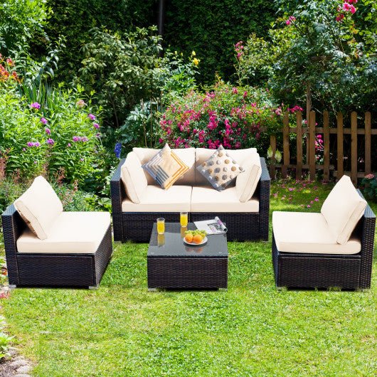  - 5 Pieces Cushioned Patio Rattan Furniture Set with Glass Table - Outdoor Style Company