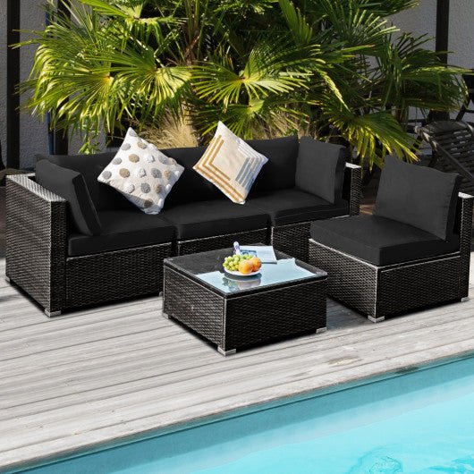  - 5 Pieces Cushioned Patio Rattan Furniture Set with Glass Table - Outdoor Style Company