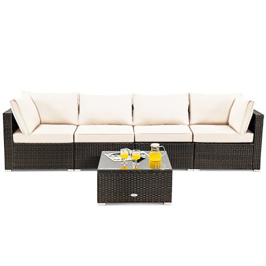  - 5 Pieces Cushioned Patio Rattan Furniture Set with Glass Table - Outdoor Style Company