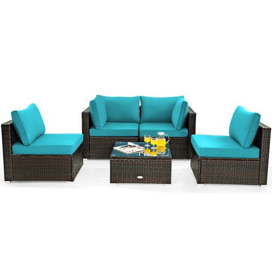  - 5 Pieces Cushioned Patio Rattan Furniture Set with Glass Table - Outdoor Style Company