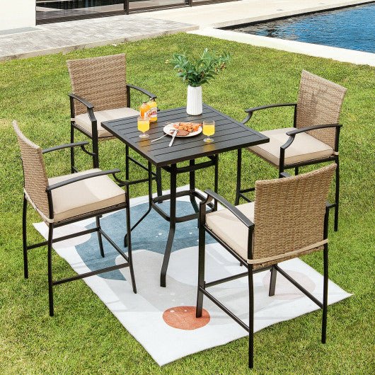  - 5 Pieces Outdoor Rattan Bistro Bar Stool Table Set with Cushions - Outdoor Style Company