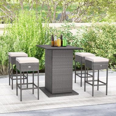  - 5 Pieces Outdoor Wicker Bar Table Set with Hidden Storage Shelves - Outdoor Style Company