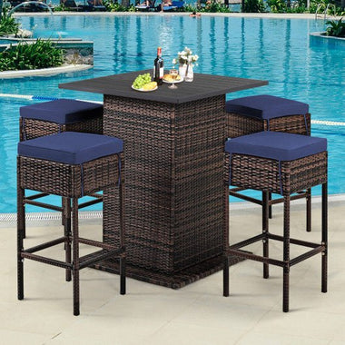  - 5 Pieces Patio Rattan Bar Table Stool Set Hidden Storage Shelf Cushioned - Outdoor Style Company