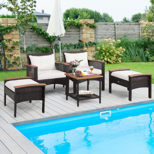  - 5 Pieces Patio Rattan Furniture Set with Acacia Wood Table - Outdoor Style Company