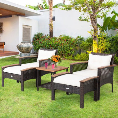  - 5 Pieces Patio Rattan Furniture Set with Acacia Wood Table - Outdoor Style Company