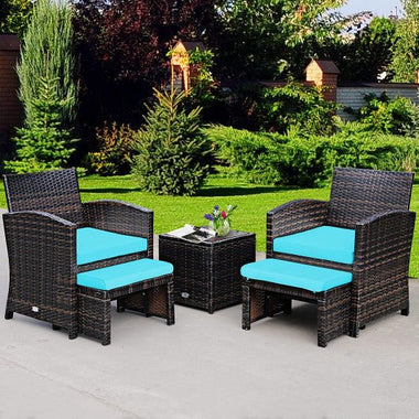  - 5 Pieces Patio Rattan Furniture Set with Ottoman and Tempered Glass Coffee Table - Outdoor Style Company