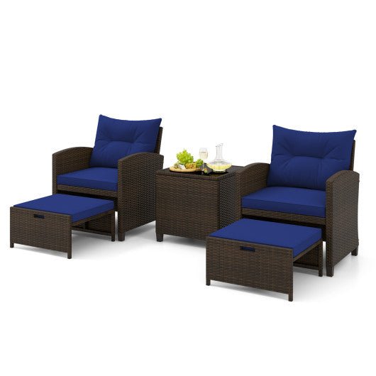  - 5 Pieces Patio Rattan Furniture with 2 Ottomans and Tempered Glass Coffee Table - Outdoor Style Company