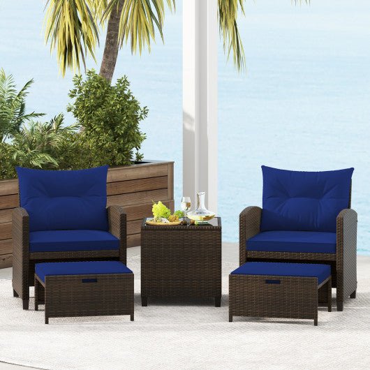  - 5 Pieces Patio Rattan Furniture with 2 Ottomans and Tempered Glass Coffee Table - Outdoor Style Company