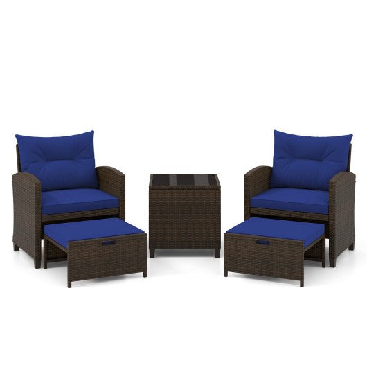  - 5 Pieces Patio Rattan Furniture with 2 Ottomans and Tempered Glass Coffee Table - Outdoor Style Company