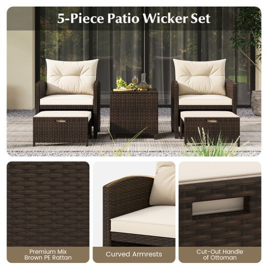  - 5 Pieces Patio Rattan Furniture with 2 Ottomans and Tempered Glass Coffee Table - Outdoor Style Company