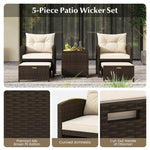  - 5 Pieces Patio Rattan Furniture with 2 Ottomans and Tempered Glass Coffee Table - Outdoor Style Company