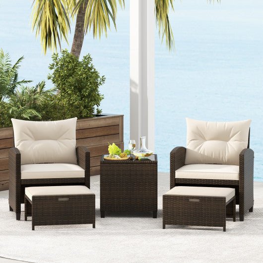  - 5 Pieces Patio Rattan Furniture with 2 Ottomans and Tempered Glass Coffee Table - Outdoor Style Company