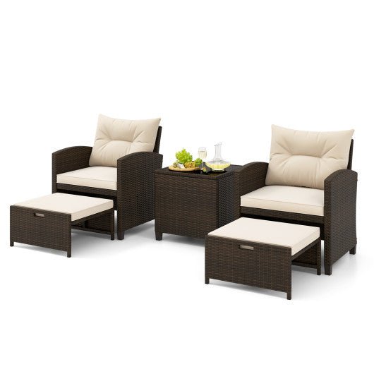  - 5 Pieces Patio Rattan Furniture with 2 Ottomans and Tempered Glass Coffee Table - Outdoor Style Company