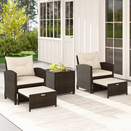  - 5 Pieces Patio Rattan Furniture with 2 Ottomans and Tempered Glass Coffee Table - Outdoor Style Company