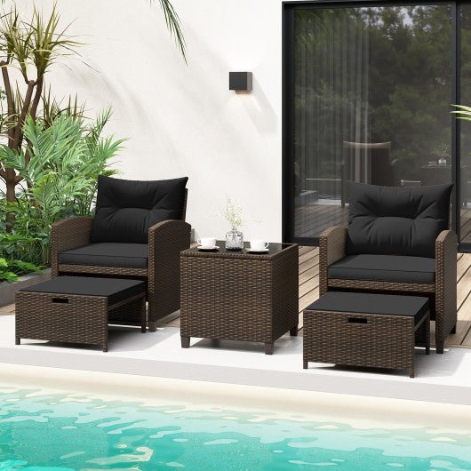  - 5 Pieces Patio Rattan Furniture with 2 Ottomans and Tempered Glass Coffee Table - Outdoor Style Company