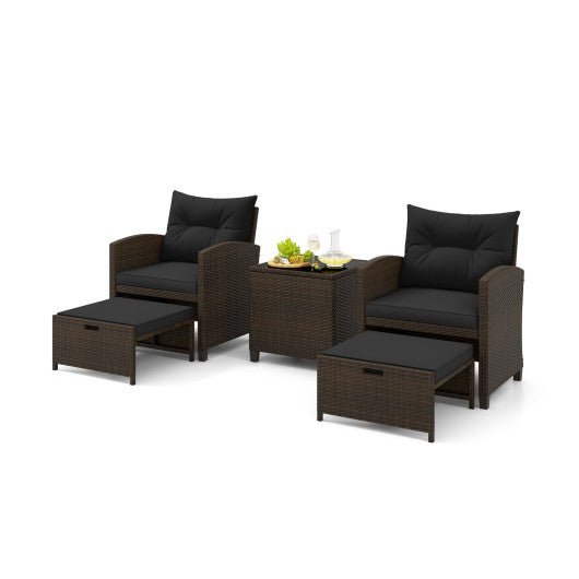  - 5 Pieces Patio Rattan Furniture with 2 Ottomans and Tempered Glass Coffee Table - Outdoor Style Company