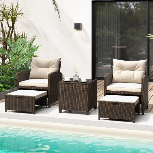  - 5 Pieces Patio Rattan Furniture with 2 Ottomans and Tempered Glass Coffee Table - Outdoor Style Company