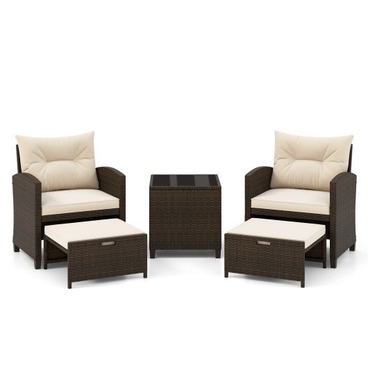  - 5 Pieces Patio Rattan Furniture with 2 Ottomans and Tempered Glass Coffee Table - Outdoor Style Company