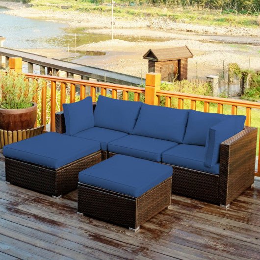  - 5 Pieces Patio Sectional Rattan Furniture Set with Ottoman Table - Outdoor Style Company