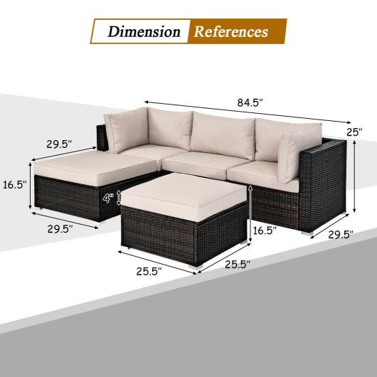  - 5 Pieces Patio Sectional Rattan Furniture Set with Ottoman Table - Outdoor Style Company