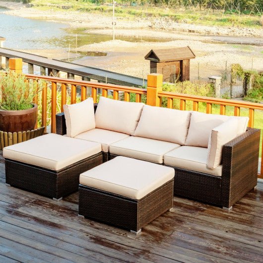  - 5 Pieces Patio Sectional Rattan Furniture Set with Ottoman Table - Outdoor Style Company